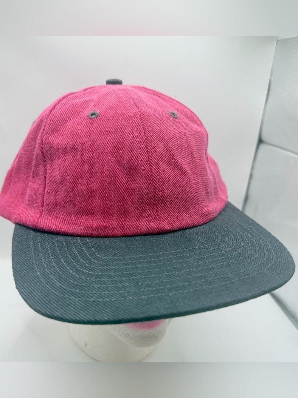 Vtg 90s Nissin Cap Blank Two Tone Hat Maroon Red Black Unstructured Baseball Cap